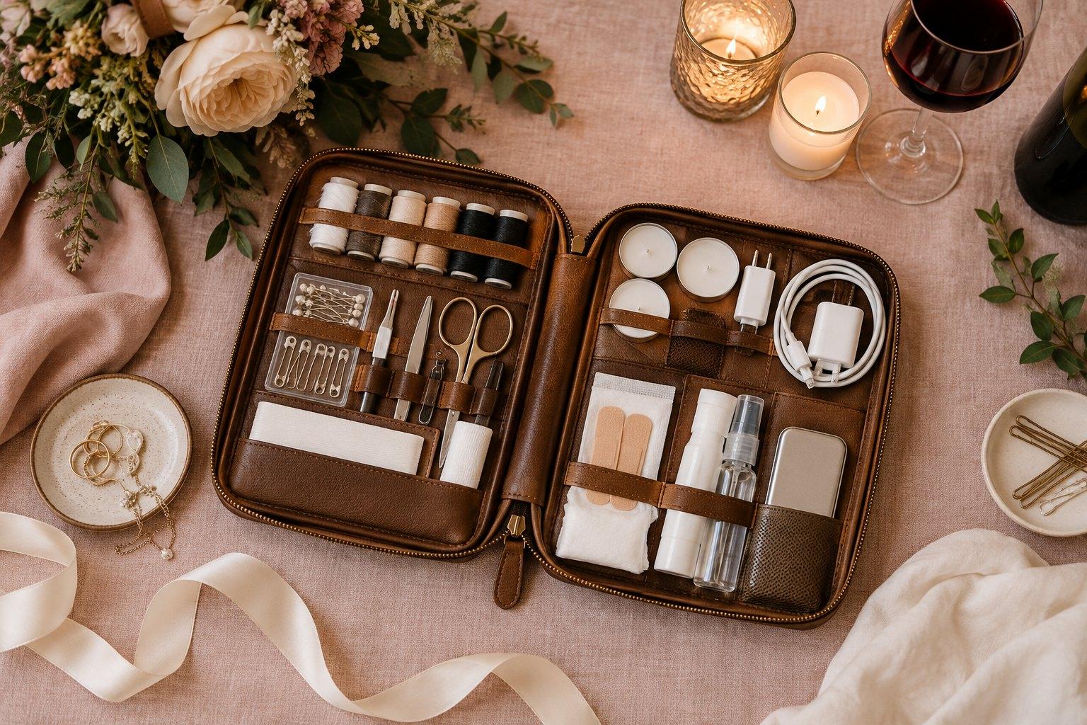 Wedding planner emergency kit with sewing kit, safety pins, tape and chargers laid out on linen