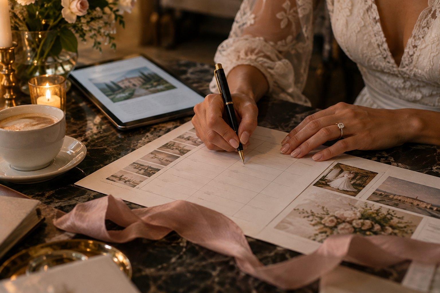 Wedding Academy | The Best Books for Aspiring Wedding Planners (and What Each Teaches) Aspiring wedding planner working through handbook worksheets with a pen and tablet