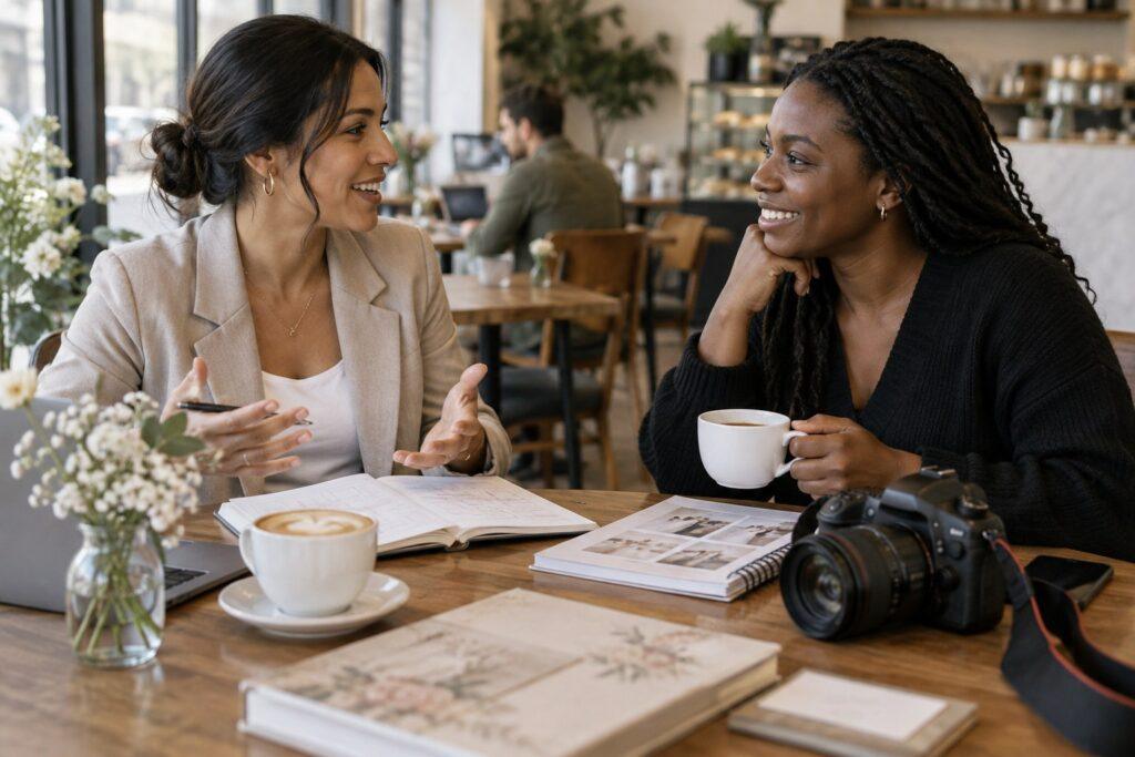wedding planner discussing referral fees with a vendor over coffee