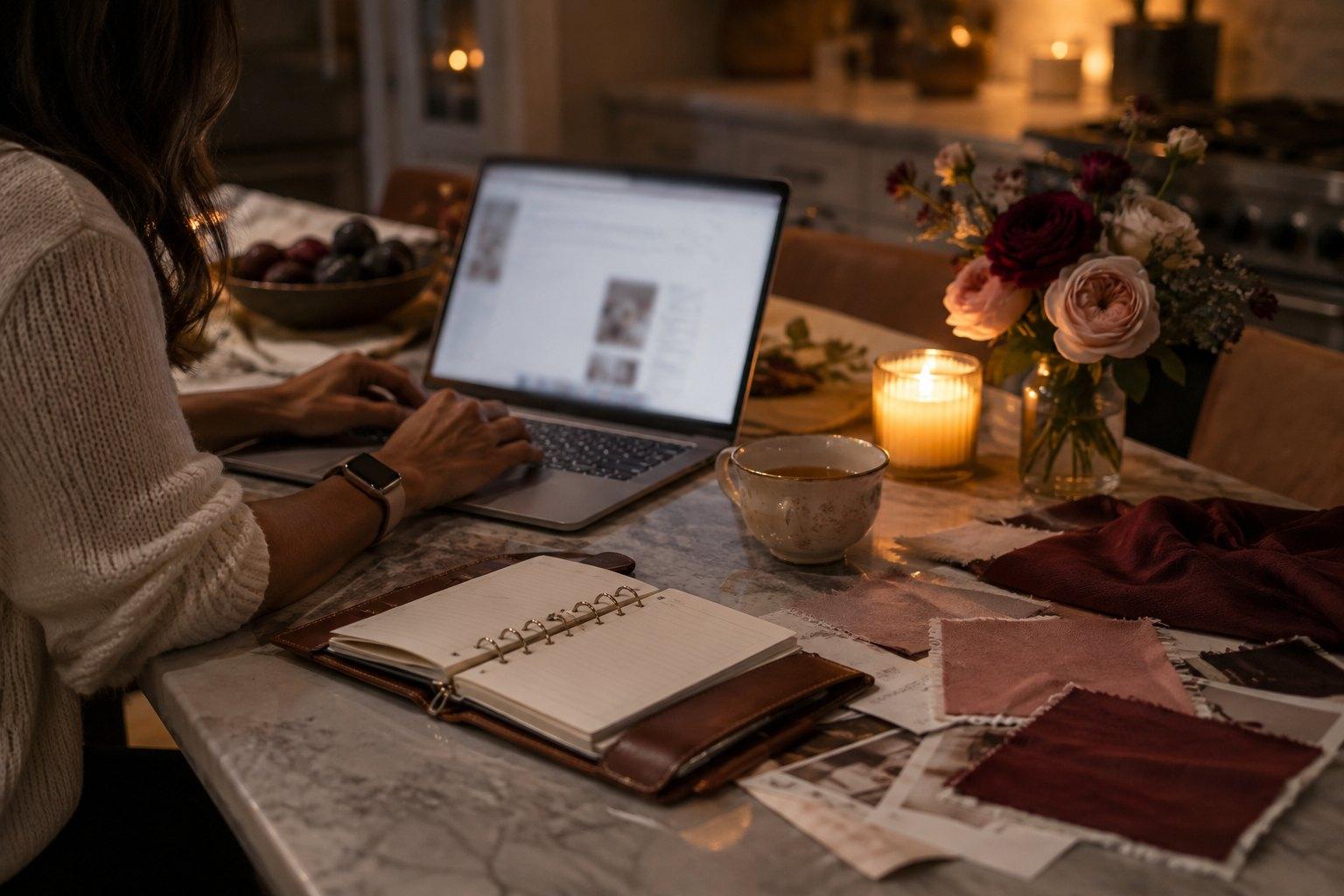 Wedding planner side hustle work at a kitchen table in the evening by candlelight