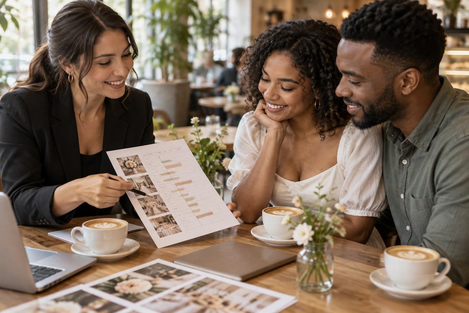 wedding planner reviewing a supplier payment schedule with a couple
