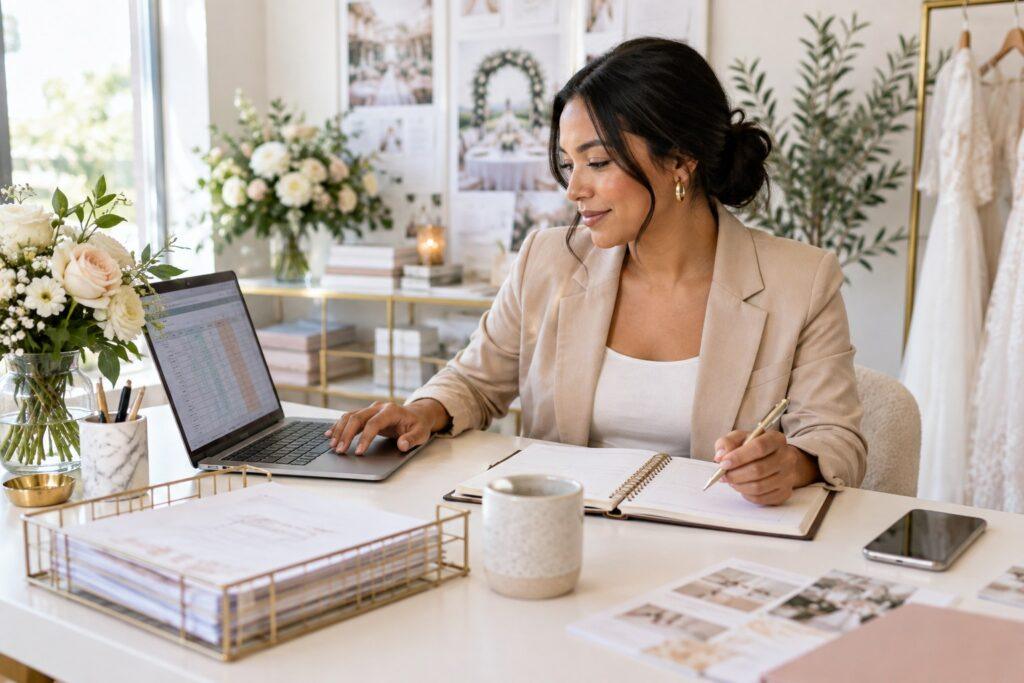 wedding planner tracking supplier payments at her desk
