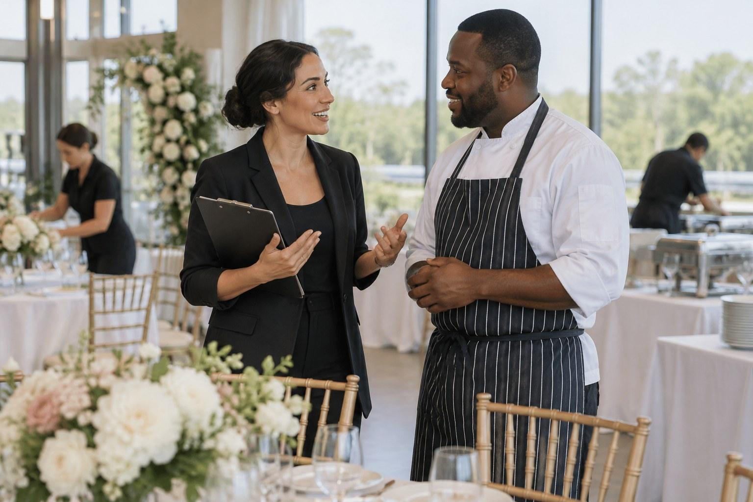 wedding planner confirming final supplier balances at the venue