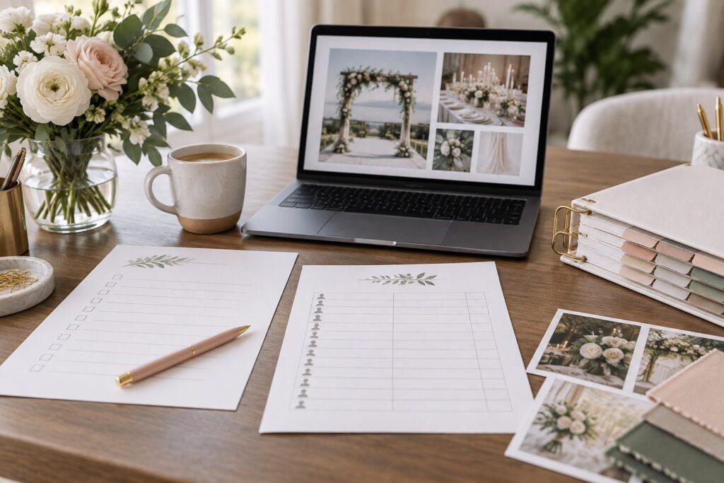 wedding planner template kit printed on a planner's desk