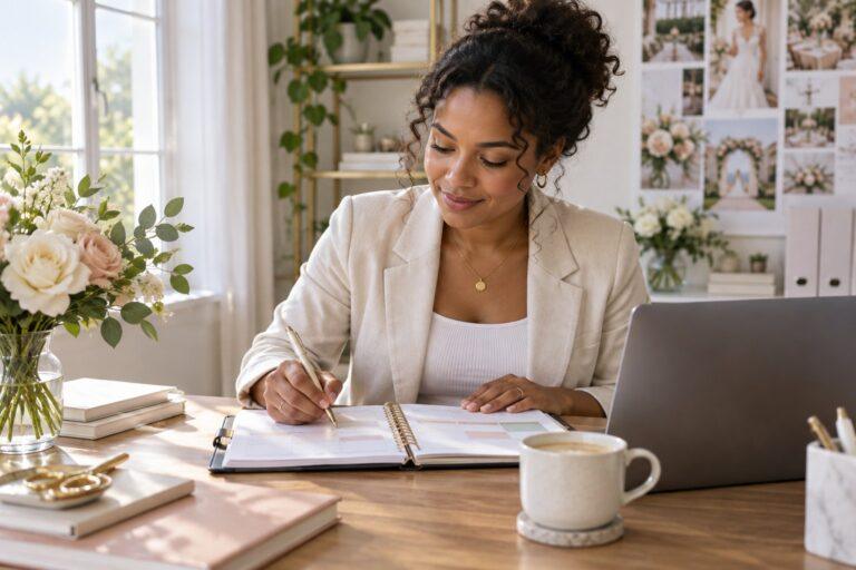 wedding planner time management with a weekly planner and laptop