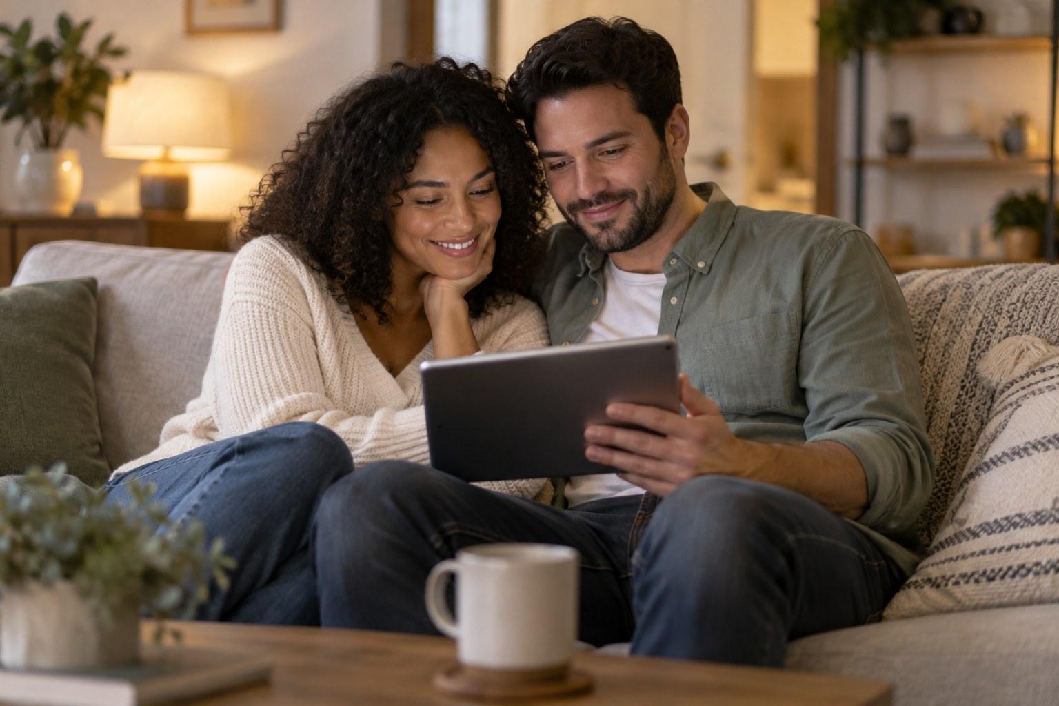 engaged couple reading wedding planner website copy on a tablet
