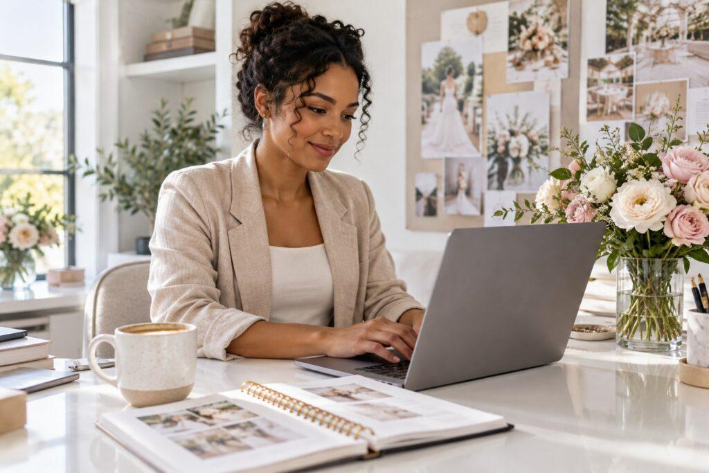Wedding planner writing website copy on a laptop wedding planner writing website copy on a laptop