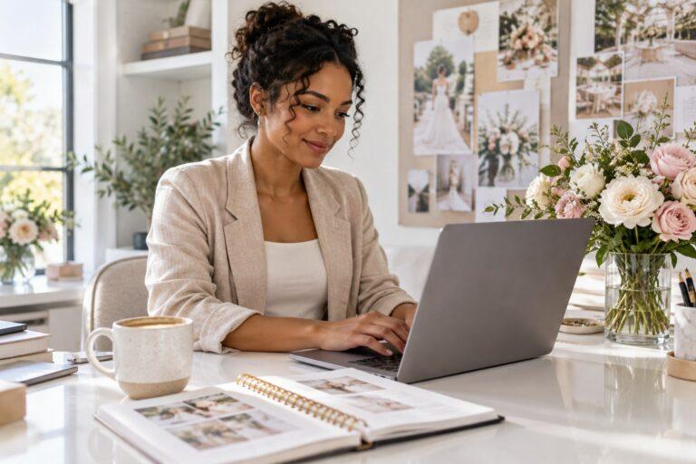 wedding planner writing website copy on a laptop