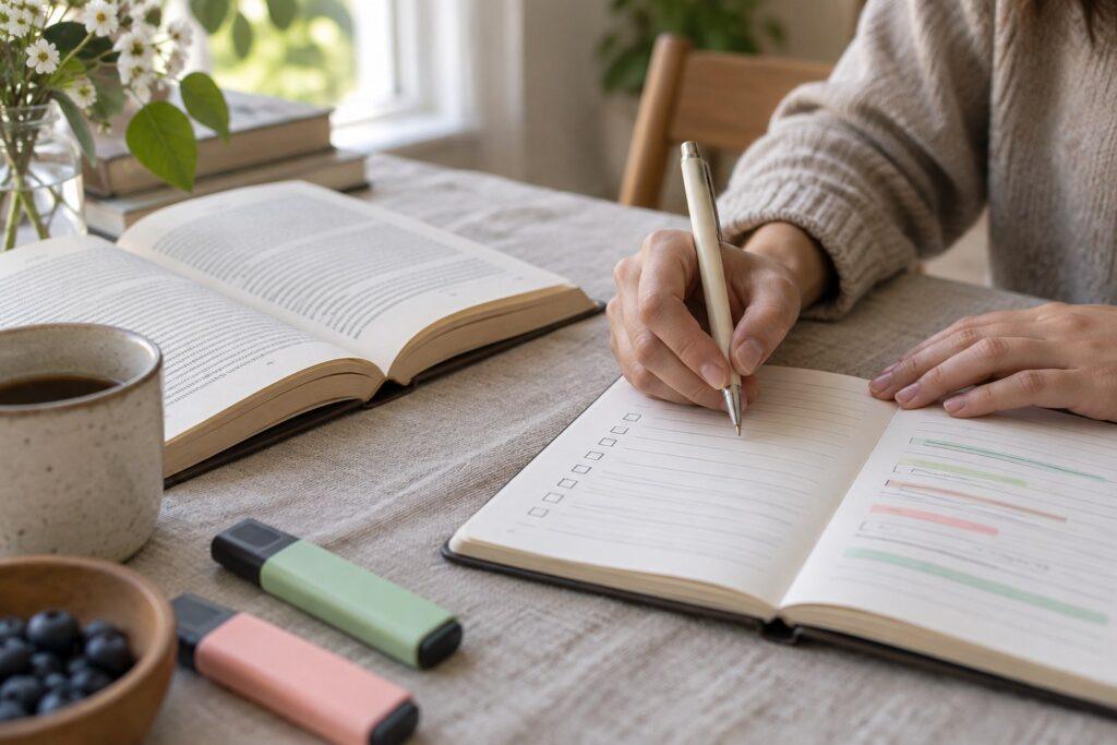 taking notes from a wedding planning book