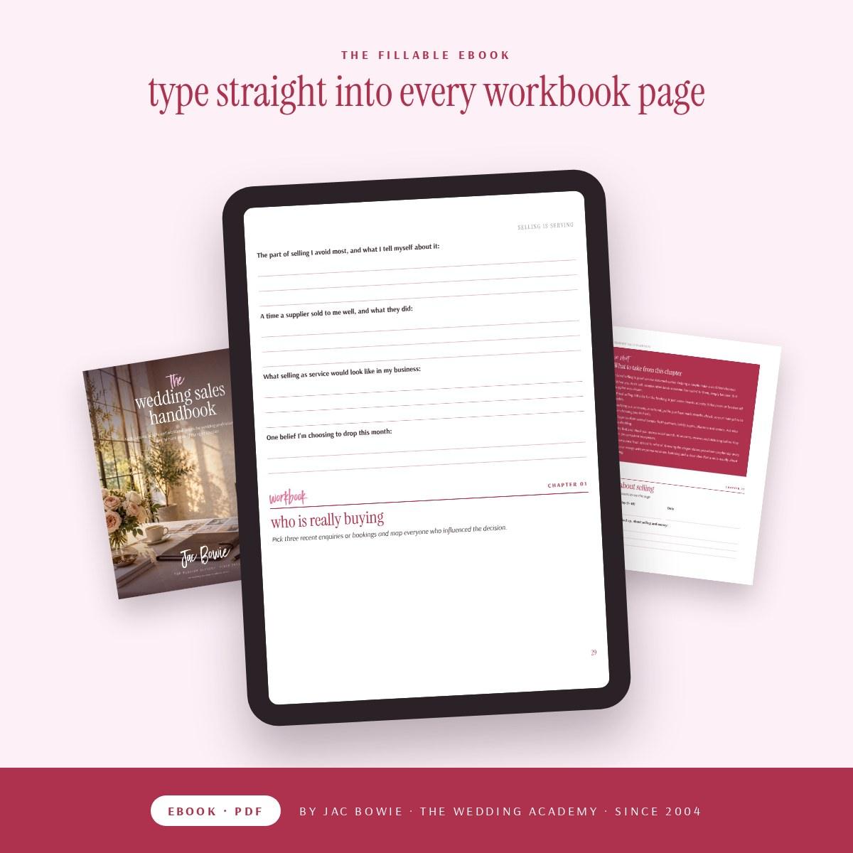 Wedding Academy | The Wedding Sales Handbook by Jac Bowie The Wedding Sales Handbook fillable ebook shown on a tablet