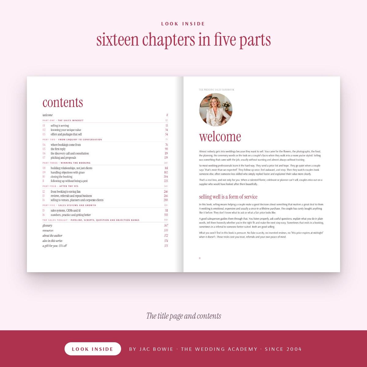 Wedding Academy | The Wedding Sales Handbook by Jac Bowie Look inside The Wedding Sales Handbook: contents