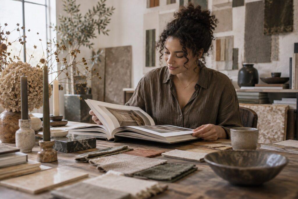 aspiring stylist reading wedding styling books in a studio
