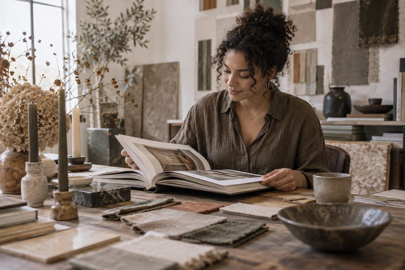 aspiring stylist reading wedding styling books in a studio