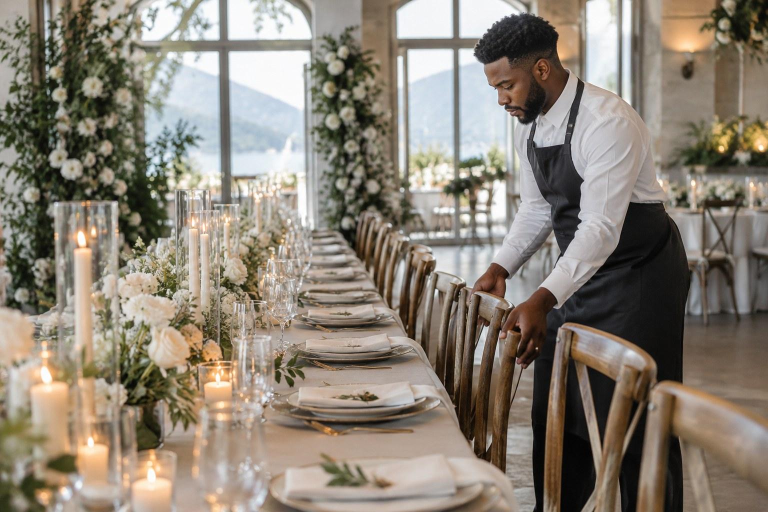 stylist applying wedding styling course online skills at a reception set-up