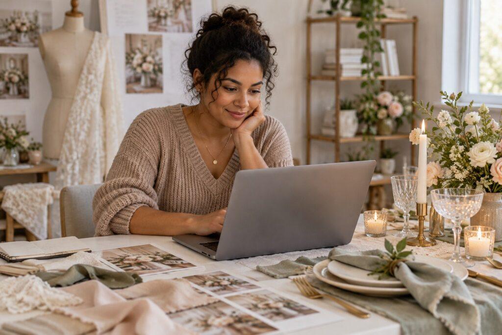 Student taking a wedding styling course online at home student taking a wedding styling course online at home