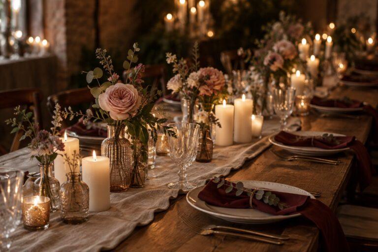 Budget wedding styling reception table Wedding styling on a budget — a candlelit reception table with bud vases, linen napkins and grouped pillar candles