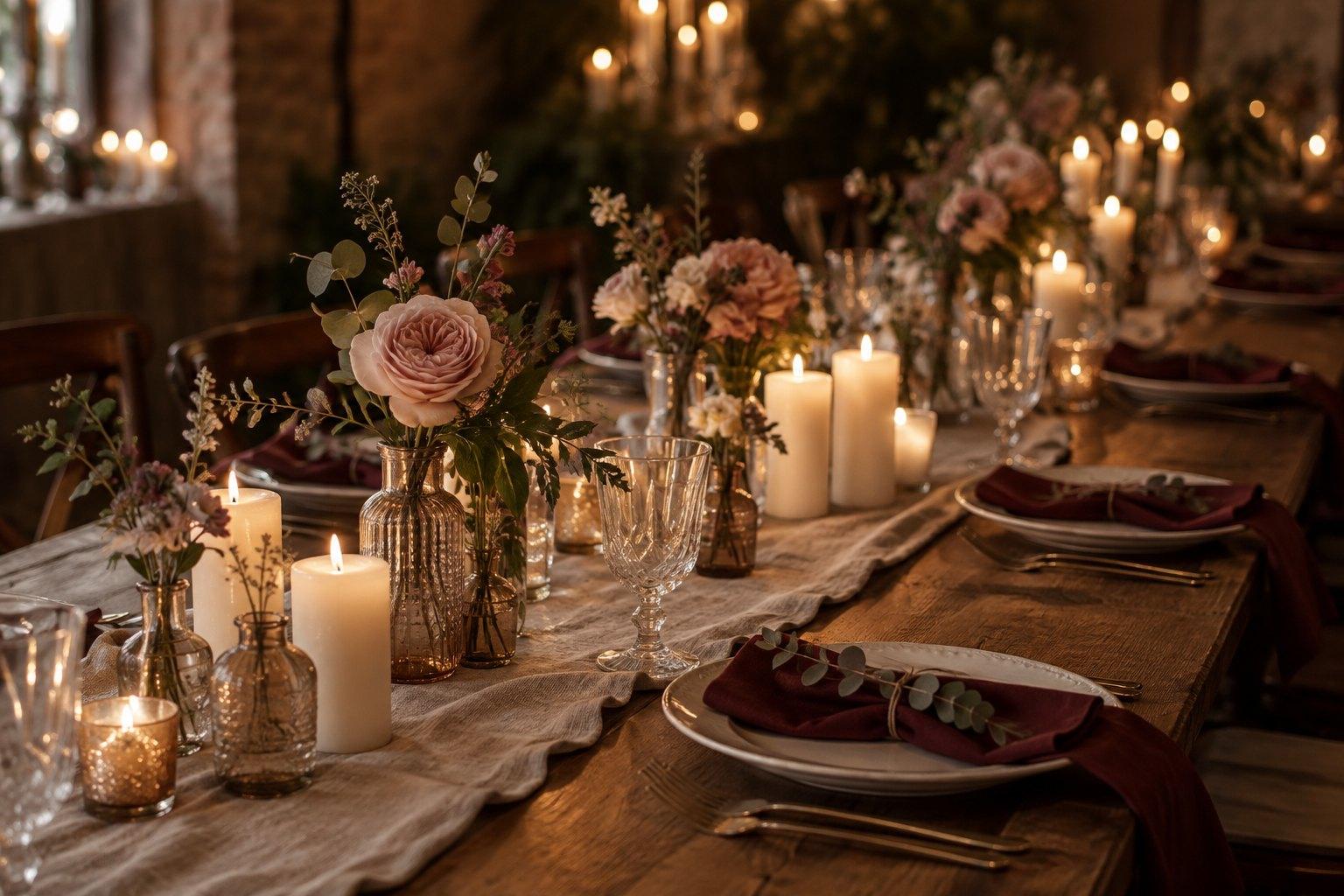 Wedding styling on a budget — a candlelit reception table with bud vases, linen napkins and grouped pillar candles