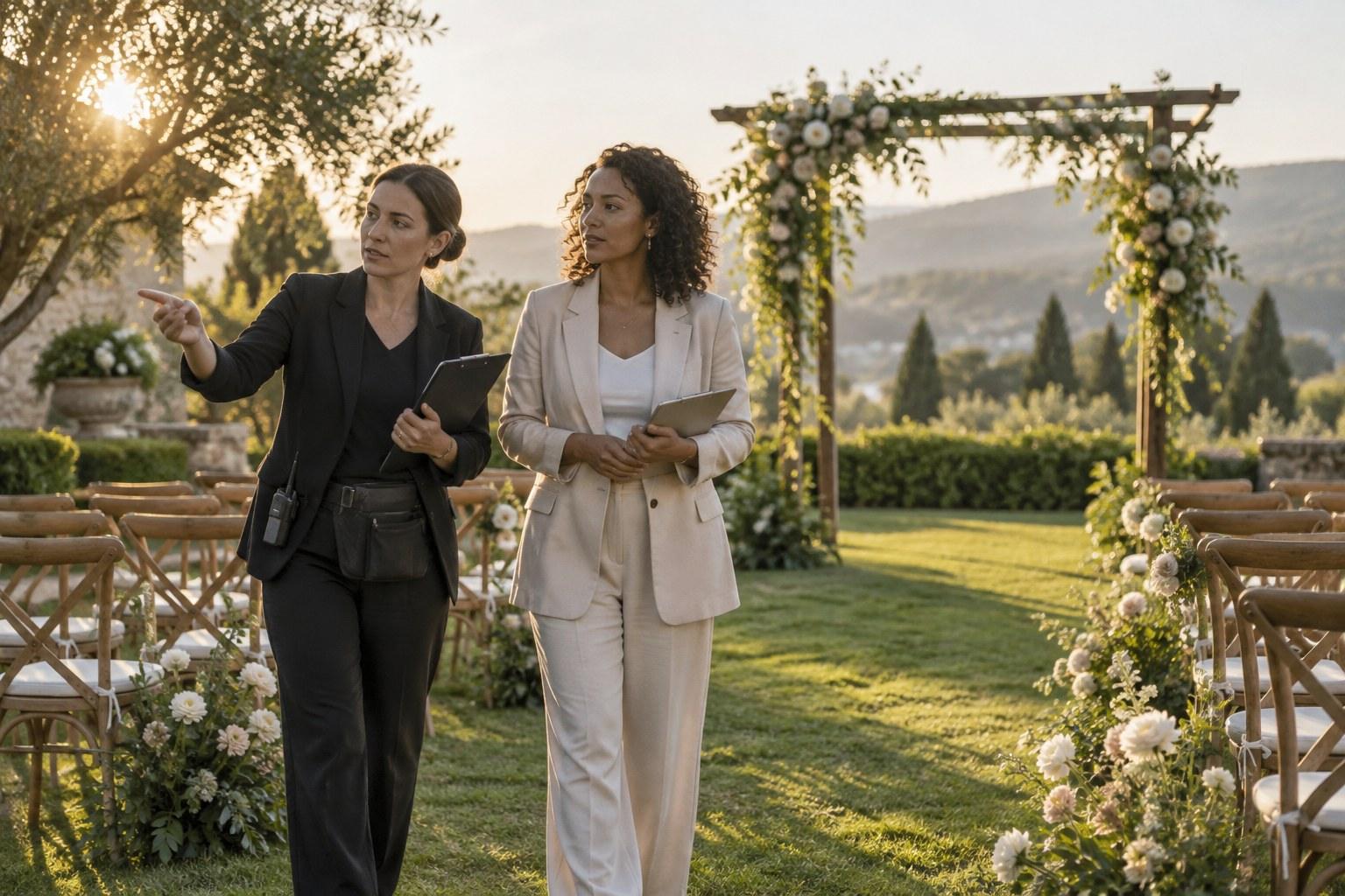 Wedding Academy | Wedding Styling Site Visits: What to Measure Before You Design stylist checking the ceremony space during a wedding styling site visit