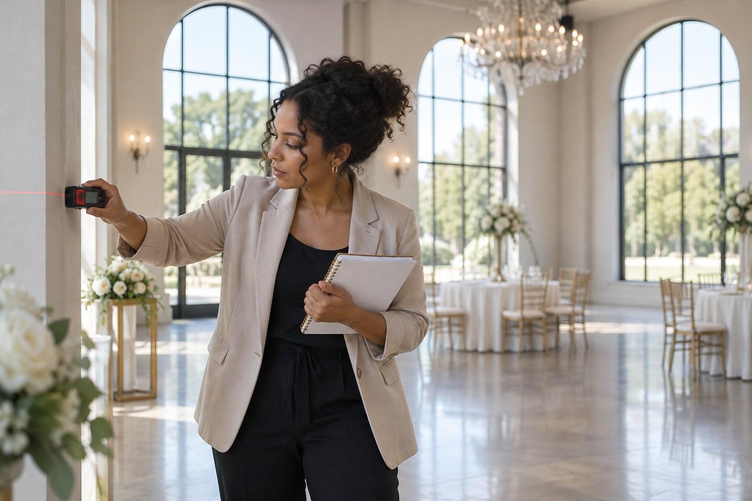 wedding stylist measuring a reception room on a wedding styling site visit