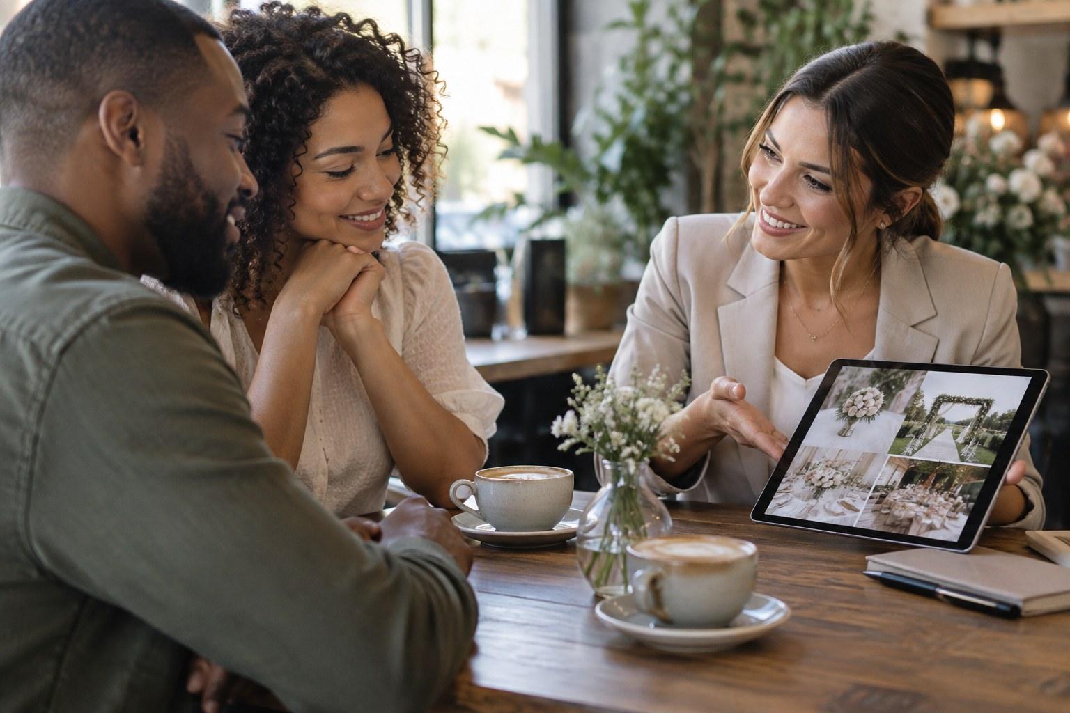 Wedding Academy | Wedding Vendor Cancellation: What Planners Do When a Supplier Pulls Out wedding planner explaining a replacement vendor plan to a couple