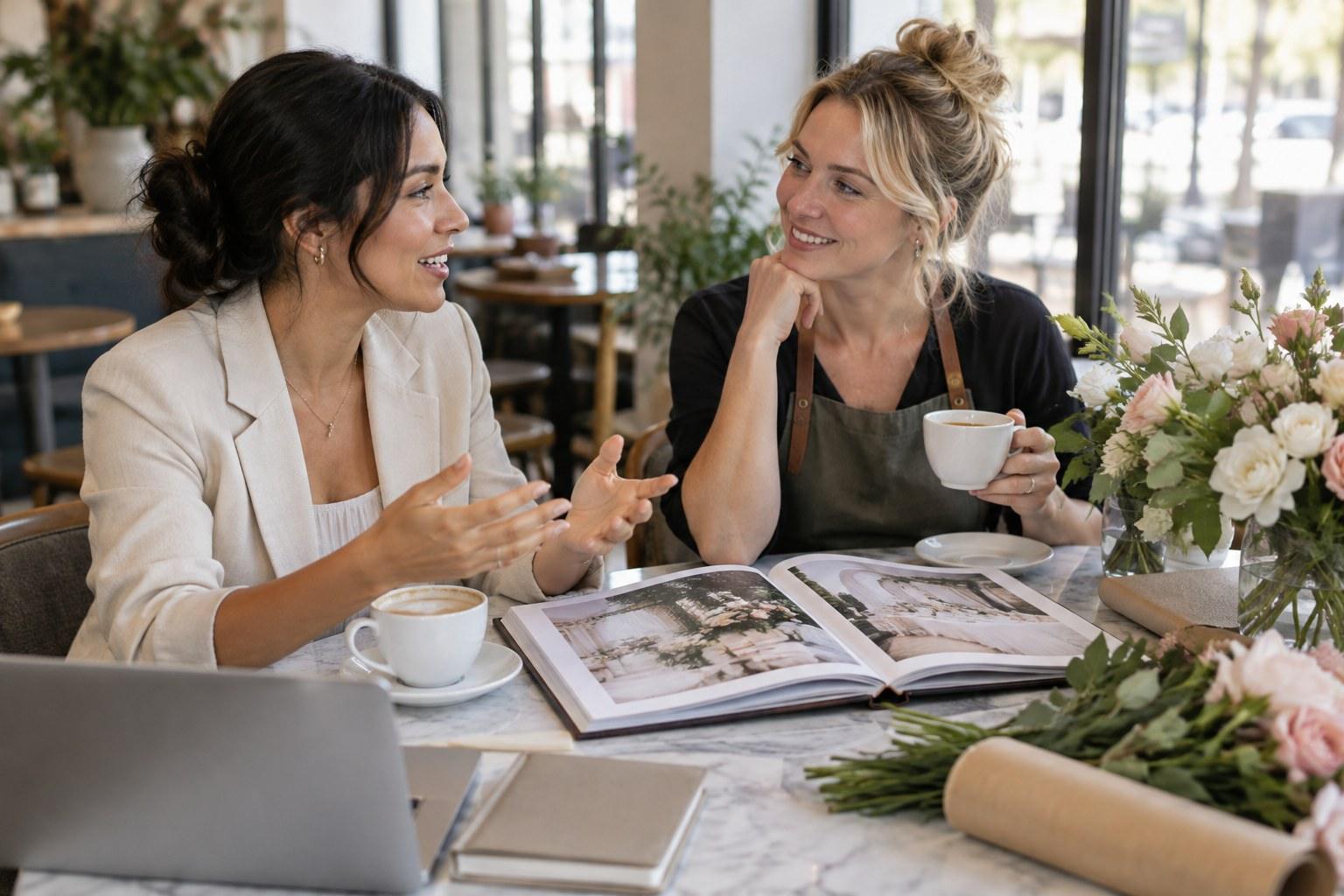wedding planner and florist meeting for coffee after a networking event
