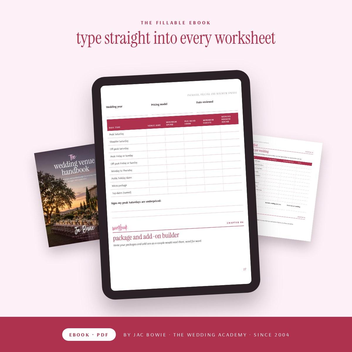 Wedding Academy | The Wedding Venue Handbook by Jac Bowie The Wedding Venue Handbook fillable ebook shown on a tablet